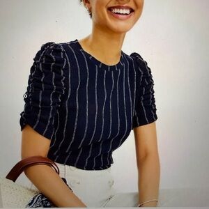 LOFT NWT Navy Striped Jacquard Cinched Sleeve Top, Women’s size XXL.